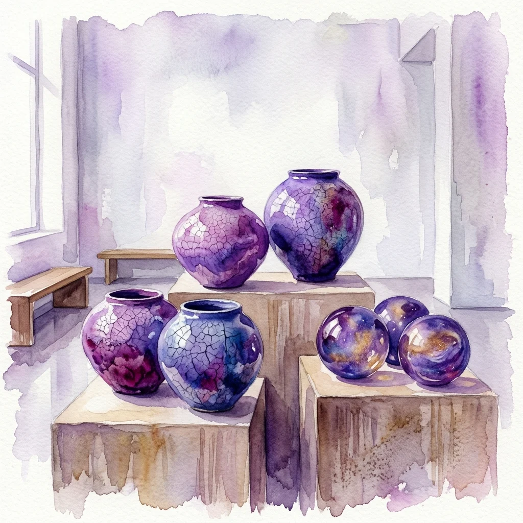 Watercolor illustration of purple ceramic moon jars and glass orbs with crackle glaze effects displayed on wooden gallery plinths in a minimalist exhibition space.