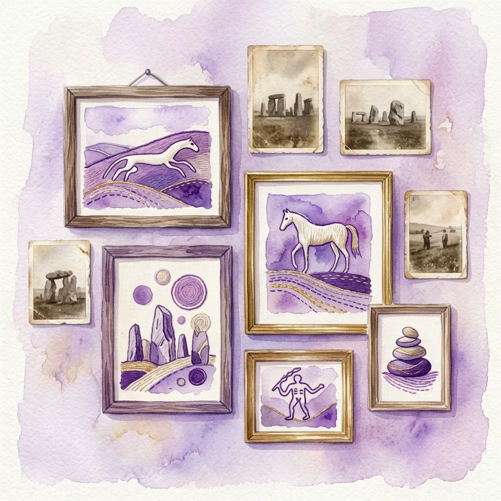Watercolor illustration of a gallery wall with framed artworks depicting ancient stone formations, chalk hill horse figures, stacked cairns, and human silhouettes in purple and sepia tones.