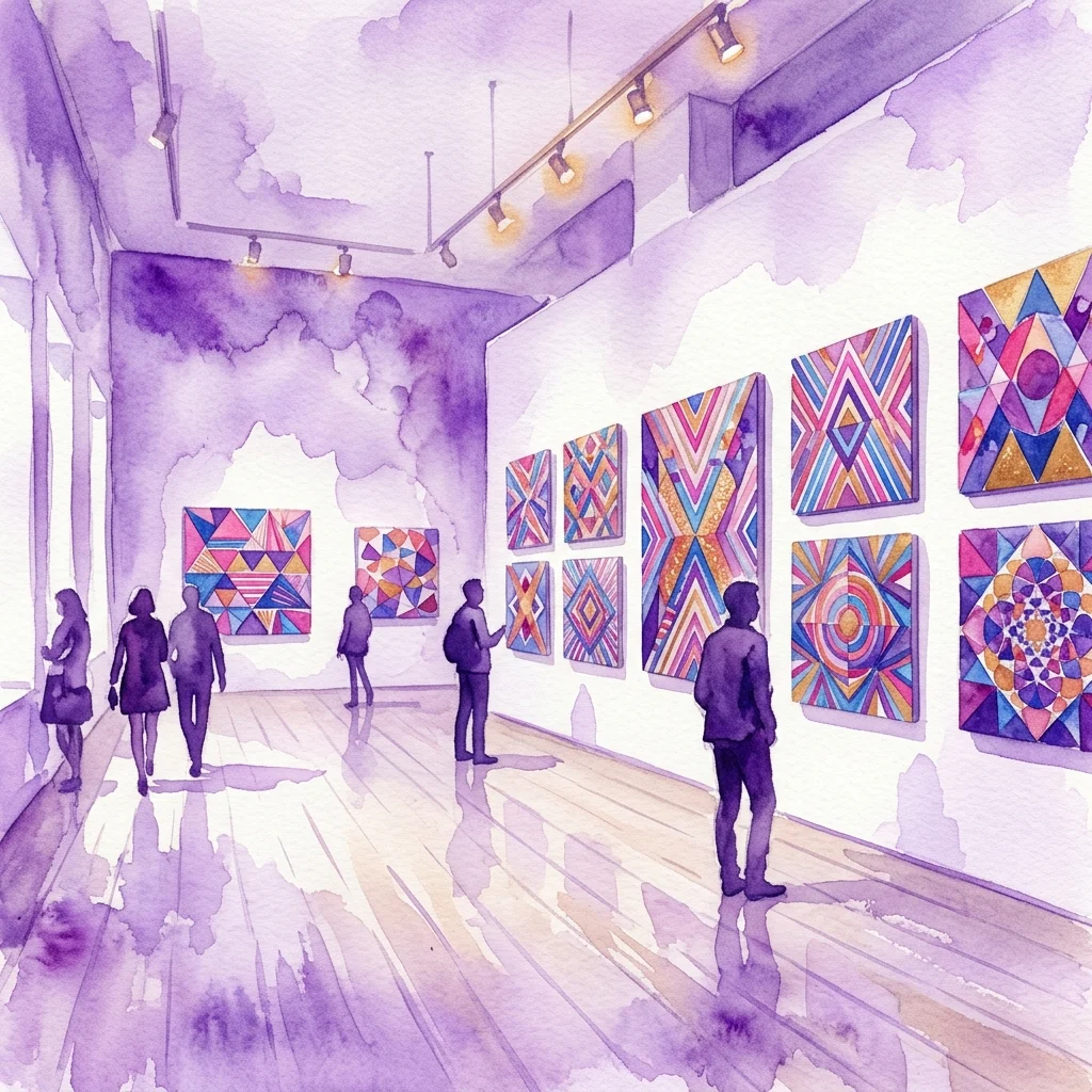 Watercolor illustration of a minimalist gallery showing visitors viewing abstract geometric paintings with vibrant pink, blue, and gold mandala-like patterns on white walls.