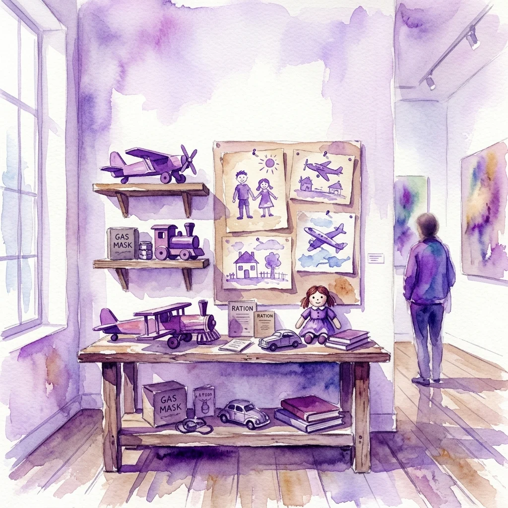 Watercolor illustration of a gallery installation displaying wartime children's artifacts: wooden toy airplanes, gas mask boxes, ration books, a rag doll, and children's drawings pinned to a white wall.