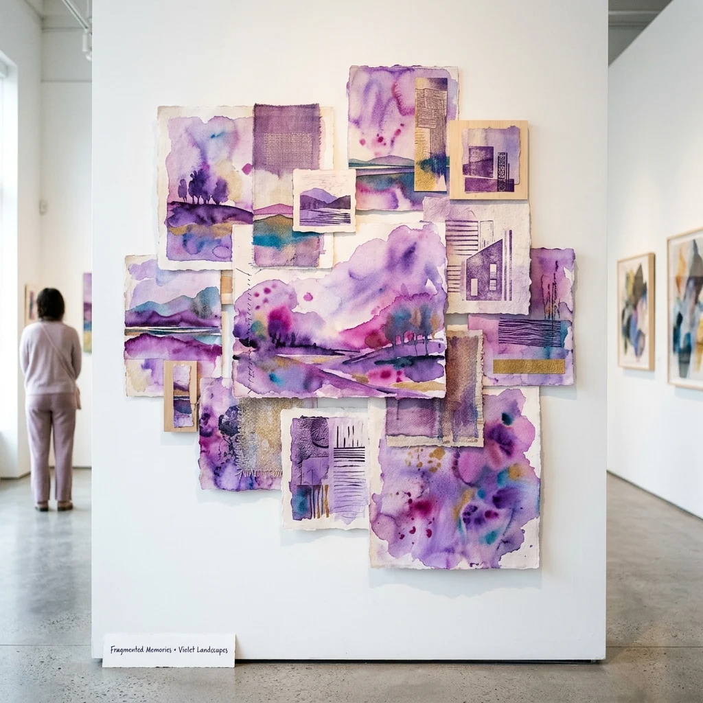 Layered printmaking installation with violet and blue watercolor landscapes mounted on a white gallery wall, labeled 'Fragmented Memories – Violet Landscapes.'