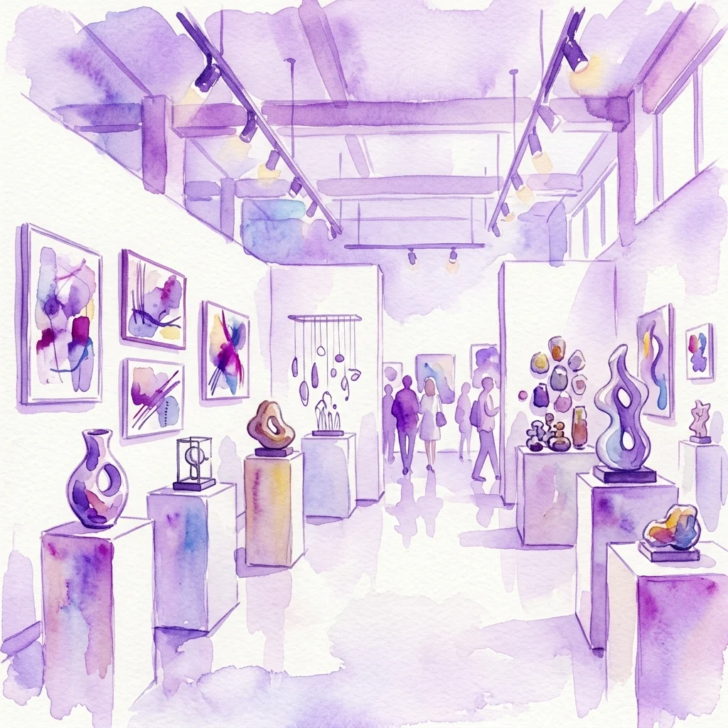 Ilustración en acuarela del interior de una galería de planta abierta con cuadros enmarcados en las paredes, esculturas sobre pedestales blancos, iluminación de riel y visitantes observando obras de arte contemporáneo.