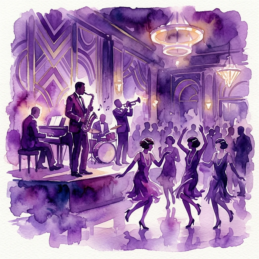 Waterverfillustratie van een jazzband die optreedt in een Art Deco balzaal met dansende flappers, die het tijdperk van de jaren 20 oproept.