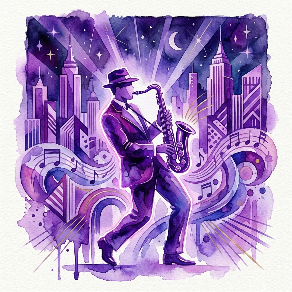 Tętniąca życiem fioletowa akwarelowa ilustracja jazzmana grającego na saksofonie, na tle miasta w stylu Art Deco z nutami i geometrycznymi wzorami, nawiązująca do epoki jazzu lat dwudziestych.