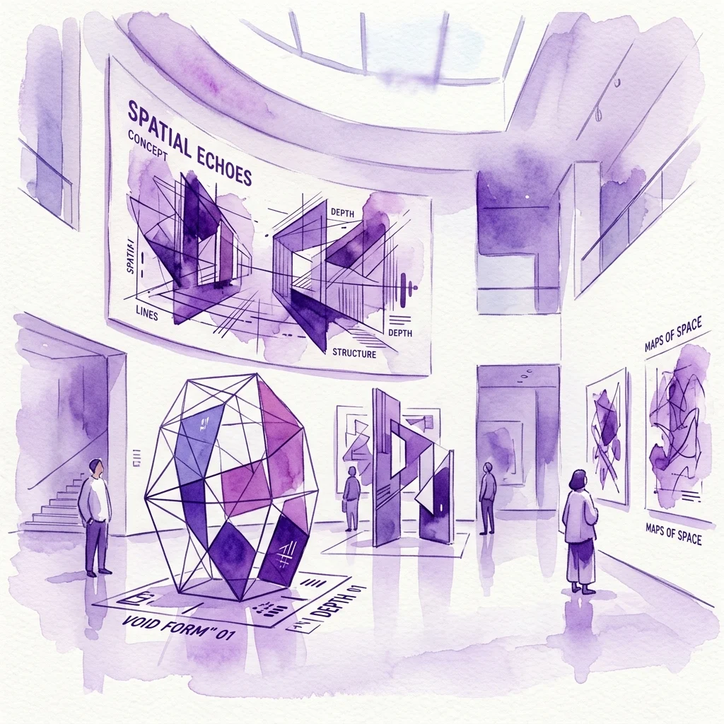 Ilustracja akwarelowa wystawy w galerii sztuki pod tytułem „Przestrzenne Echa”, prezentująca wielkoformatowe rzeźby geometryczne i rysunki ścienne badające koncepcje przestrzenne, z odwiedzającymi oglądającymi dzieła sztuki.