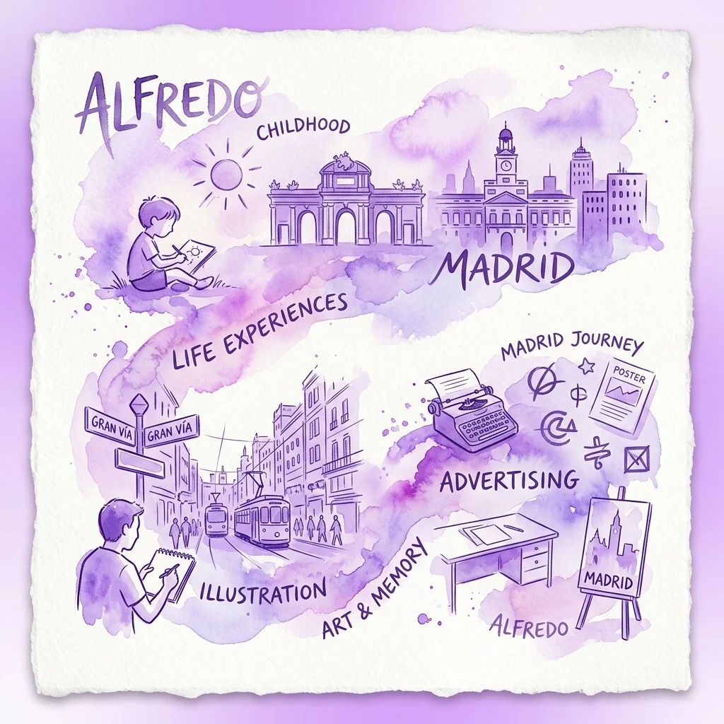 Ilustrowana mapa życiowej podróży Alfredo, pokazująca jego dzieciństwo w Asturii, doświadczenia życiowe w Madrycie oraz karierę w ilustracji i reklamie, z kluczowymi punktami orientacyjnymi i tematami.