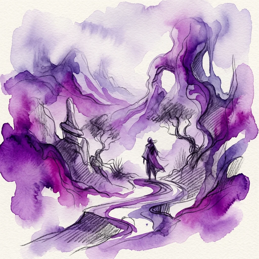 A dreamlike illustration of a solitary figure in a purple-hued, fantastical landscape with swirling watercolor and charcoal textures, evoking a mysterious mood.