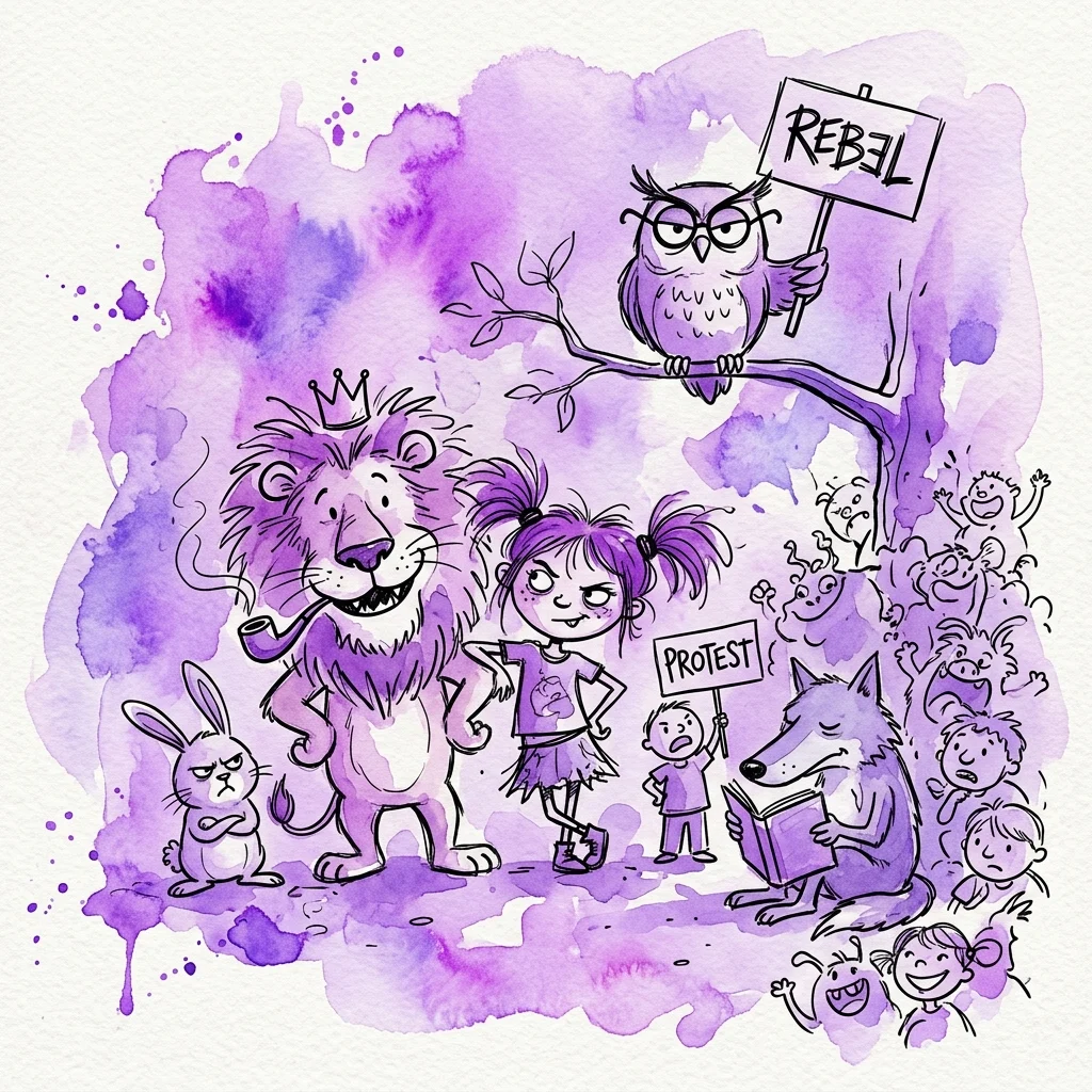 Una ilustración caprichosa en acuarela púrpura y tinta negra con animales antropomórficos y niños protestando, con un búho sosteniendo un letrero de 'REBEL' y un león fumando una pipa, reflejando el estilo juguetón y subversivo de André Bouchard.