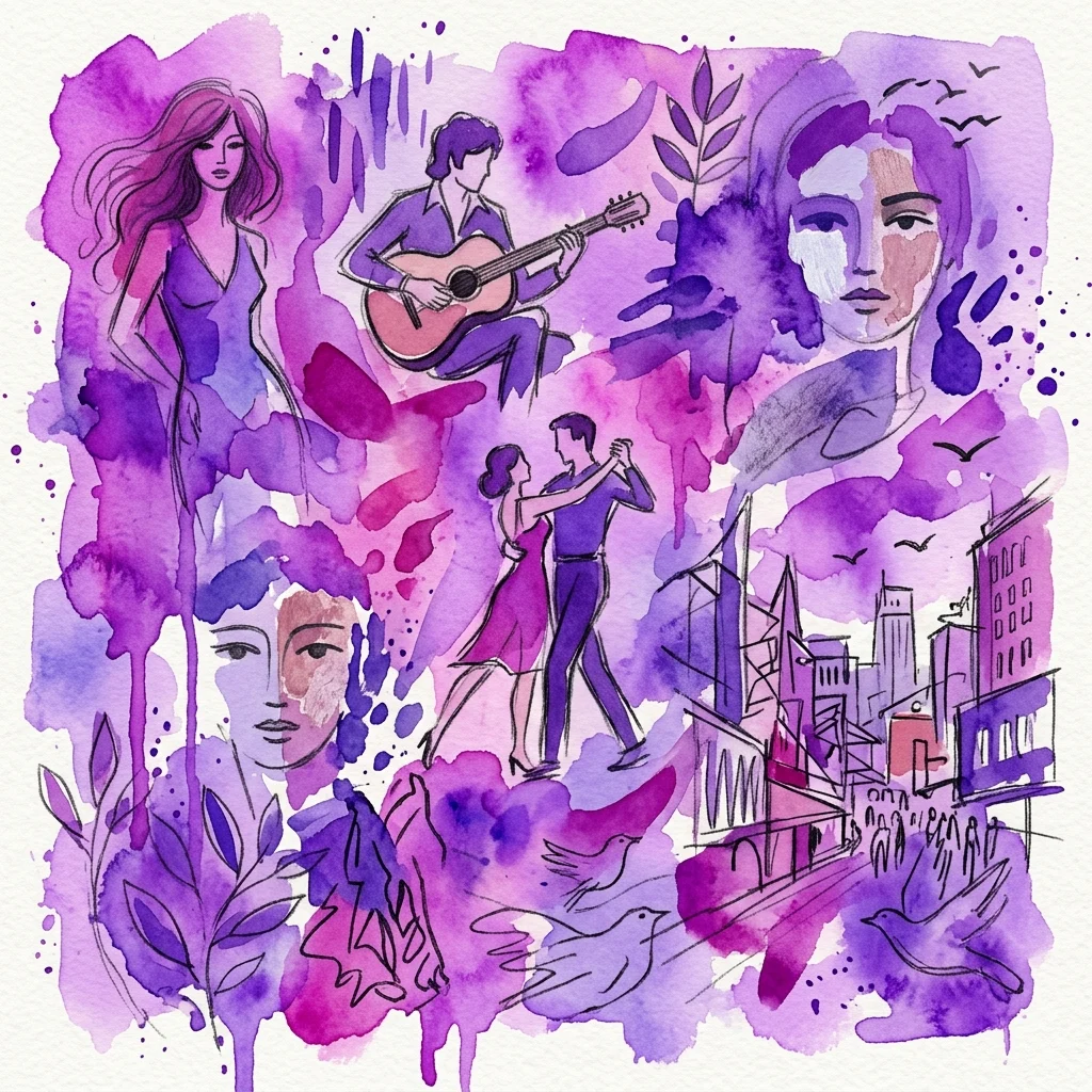 Un vibrante collage de acuarela en tonos morados que presenta a una mujer, un guitarrista, una pareja bailando, paisajes urbanos y elementos abstractos, representando ilustraciones españolas de los años 70.