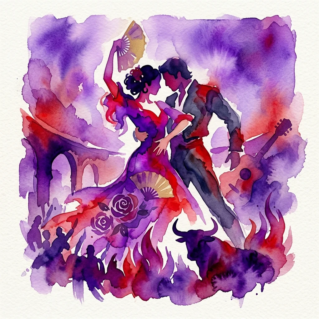 Ilustracja akwarelowa pełnej pasji sceny flamenco z parą, gitarą i bykiem, inspirowana grafikami Benjamina Lacombe'a do opery Carmen.