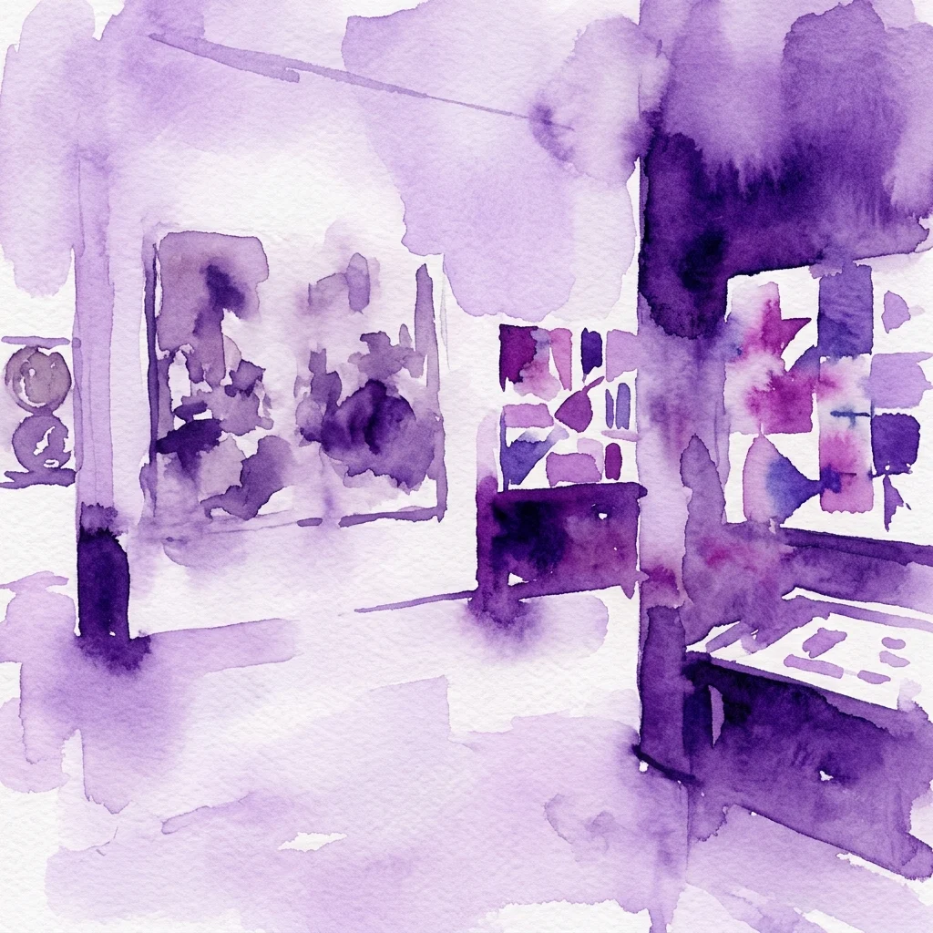 A watercolor painting of an art gallery interior with purple and white hues, depicting abstract artworks on the walls and a display case, reflecting the theme of Chema López's exhibition 'La ilusión y el miedo'.