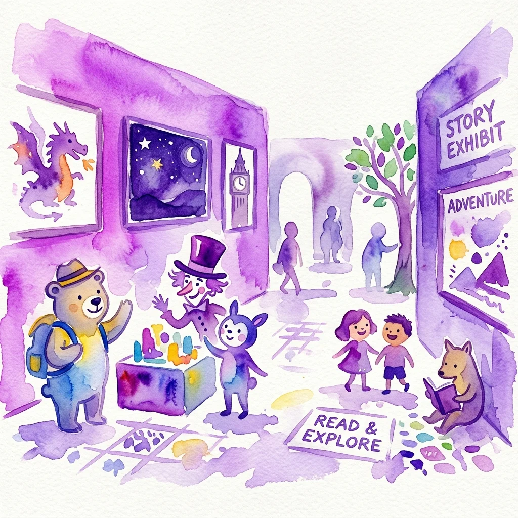 Fantastyczna akwarelowa ilustracja wystawy dla dzieci, przedstawiająca animowane postacie z bajek, takie jak niedźwiedź, królik i lis, wchodzące w interakcję w galerii muzealnej z oprawionymi dziełami sztuki i napisem „Czytaj i odkrywaj”.