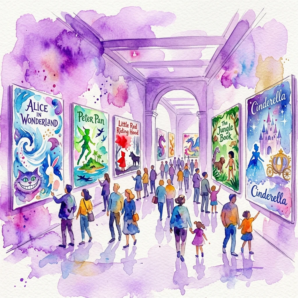 Una ilustración en acuarela de una galería de museo que presenta grandes obras de arte enmarcadas de cuentos infantiles clásicos como Alicia en el País de las Maravillas, Peter Pan y Cenicienta, con visitantes paseando por la exposición.