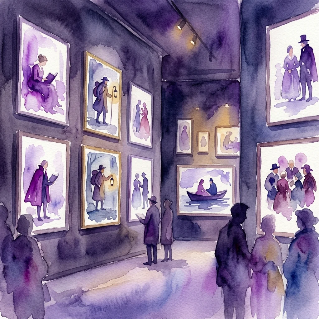 Ilustracja akwarelowa galerii sztuki z oprawionymi ilustracjami postaci literackich z opowiadań Emilii Pardo Bazán, wystawionymi na ciemnych ścianach, z odwiedzającymi oglądającymi wystawę.