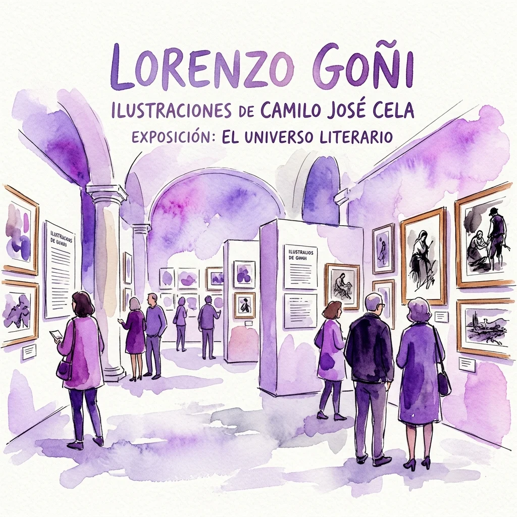 Ilustrowana wystawa prac Lorenzo Goñiego do dzieł Camilo José Celi, prezentowana w galerii z odwiedzającymi oglądającymi sztukę.