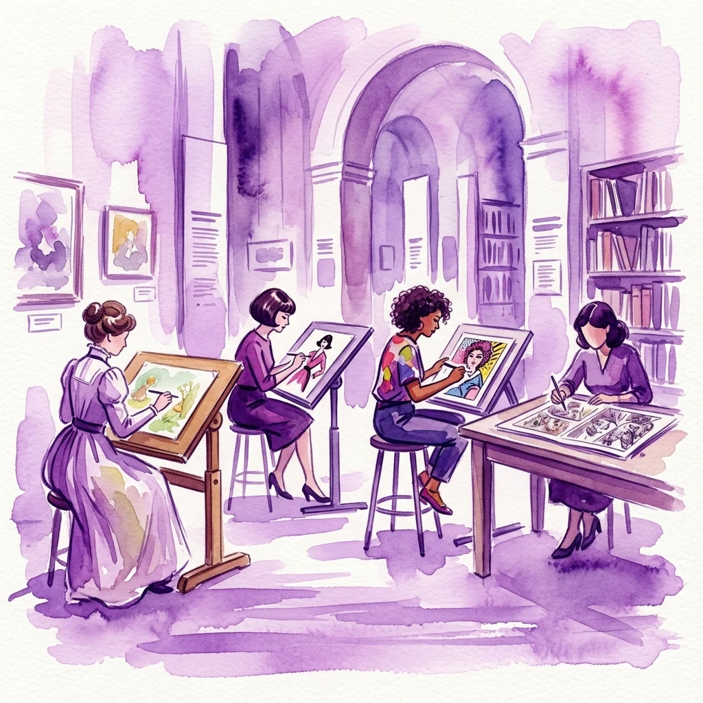 Una ilustración en acuarela de cuatro mujeres de diferentes épocas dibujando en caballetes en una galería de museo, representando a ilustradoras de la exposición 'En Badajoz – Dibujantas'.