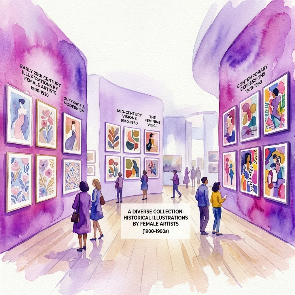 Ilustracja akwarelowa galerii muzealnej prezentującej historyczne ilustracje autorstwa artystek z lat 1900-1990, z sekcjami zatytułowanymi 'Ilustracje z początku XX wieku' i 'Współczesne ekspresje', a także zwiedzającymi oglądającymi dzieła sztuki.