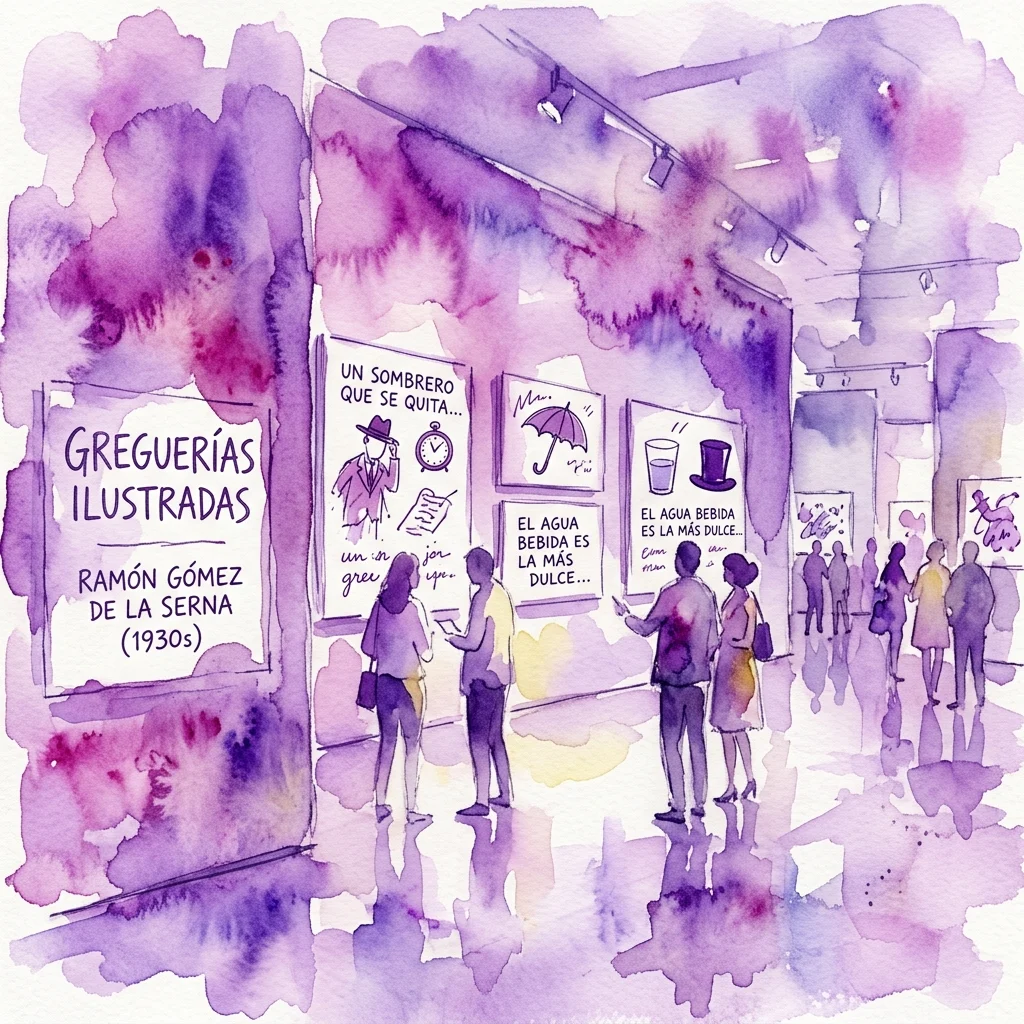 Waterverfillustratie van een kunsttentoonstelling met Ramón Gómez de la Serna's 'Greguerías Ilustradas' uit de jaren 30, met bezoekers die ingelijste kunstwerken en tekstpanelen bekijken in een galerie. 