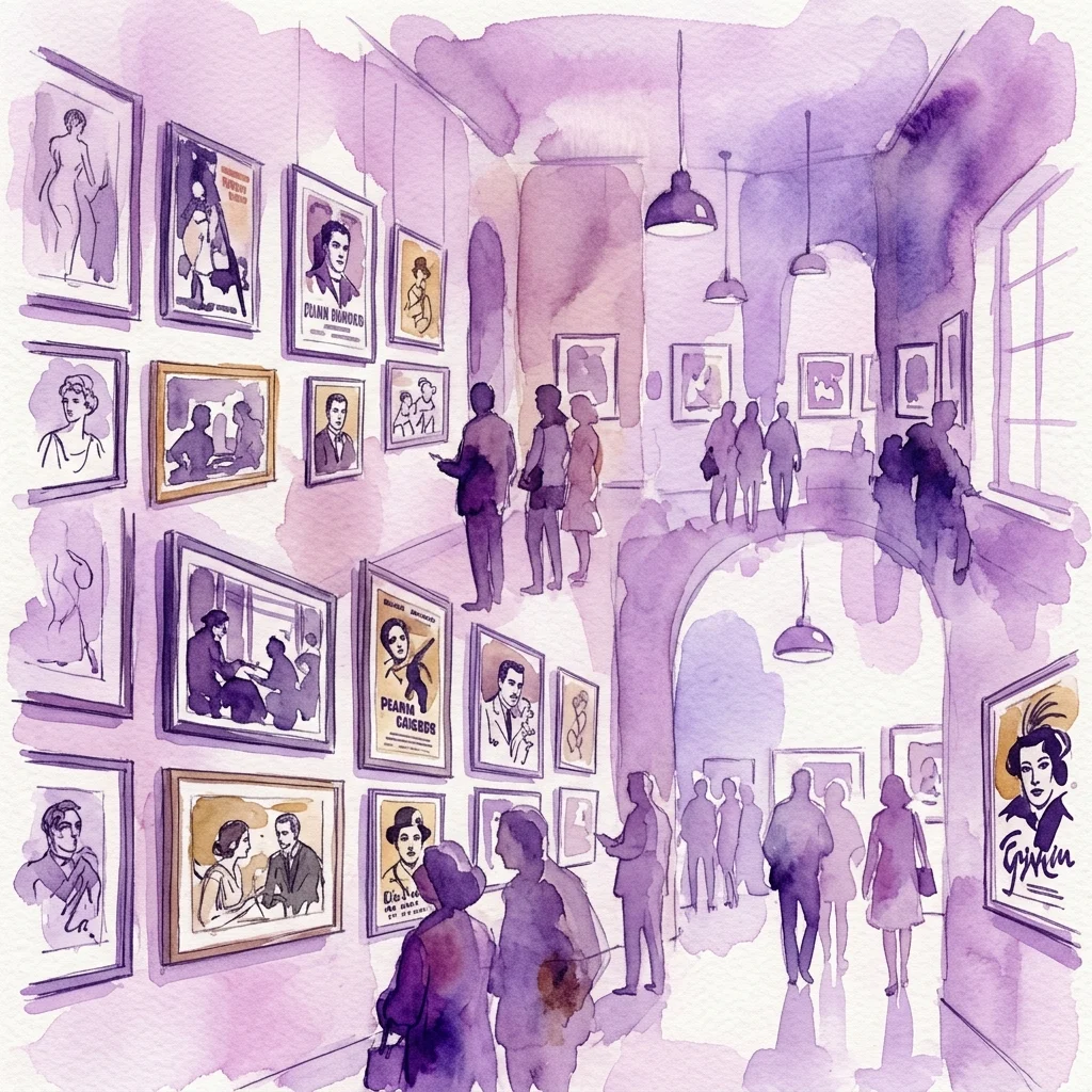 Ilustracja akwarelowa wystawy w galerii prezentująca oprawione rysunki tuszem i portrety autorstwa Antonio Barbero, z odwiedzającymi oglądającymi eksponowane dzieła sztuki w przestrzeni w odcieniach fioletu.