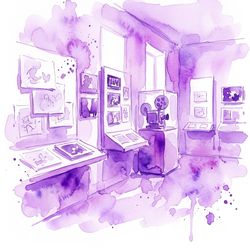 Ilustracja akwarelowa galerii wystawowej muzeum prezentująca materiały produkcyjne animacji, w tym storyboardy, szkice i projektor filmowy, ukazująca historię hiszpańskiej animacji.
