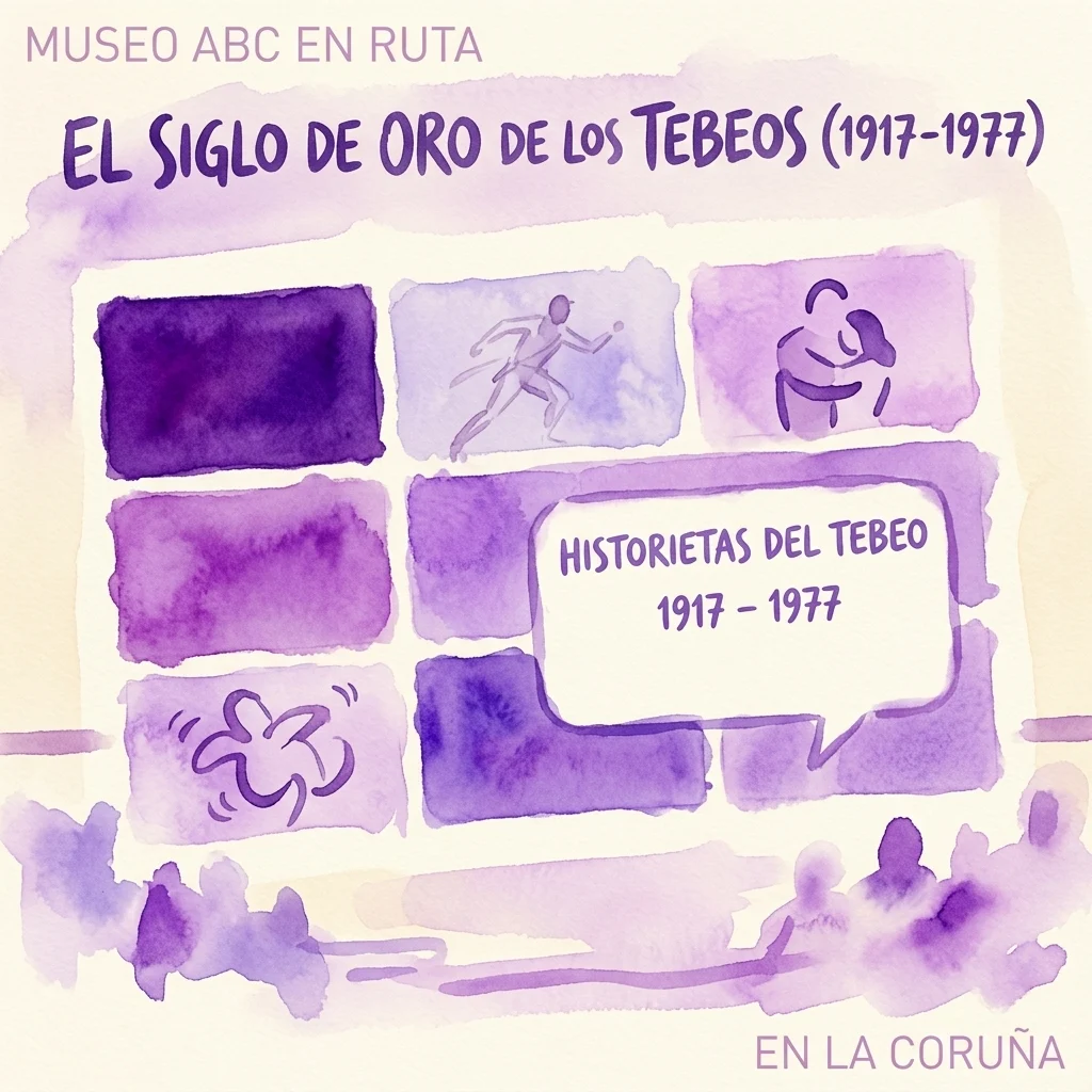Ilustracja akwarelowa wystawy „El Siglo de Oro de los Tebeos (1917-1977)” z fioletowymi panelami z postaciami w stylu komiksowym i napisem „Historietas del Tebeo 1917-1977” w Museo ABC en Ruta w La Coruña.