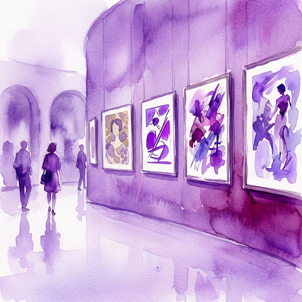 Een aquarelillustratie van een museumgalerij met paarse muren, met ingelijste kunstwerken die tentoongesteld worden en bezoekers die door de ruimte lopen.