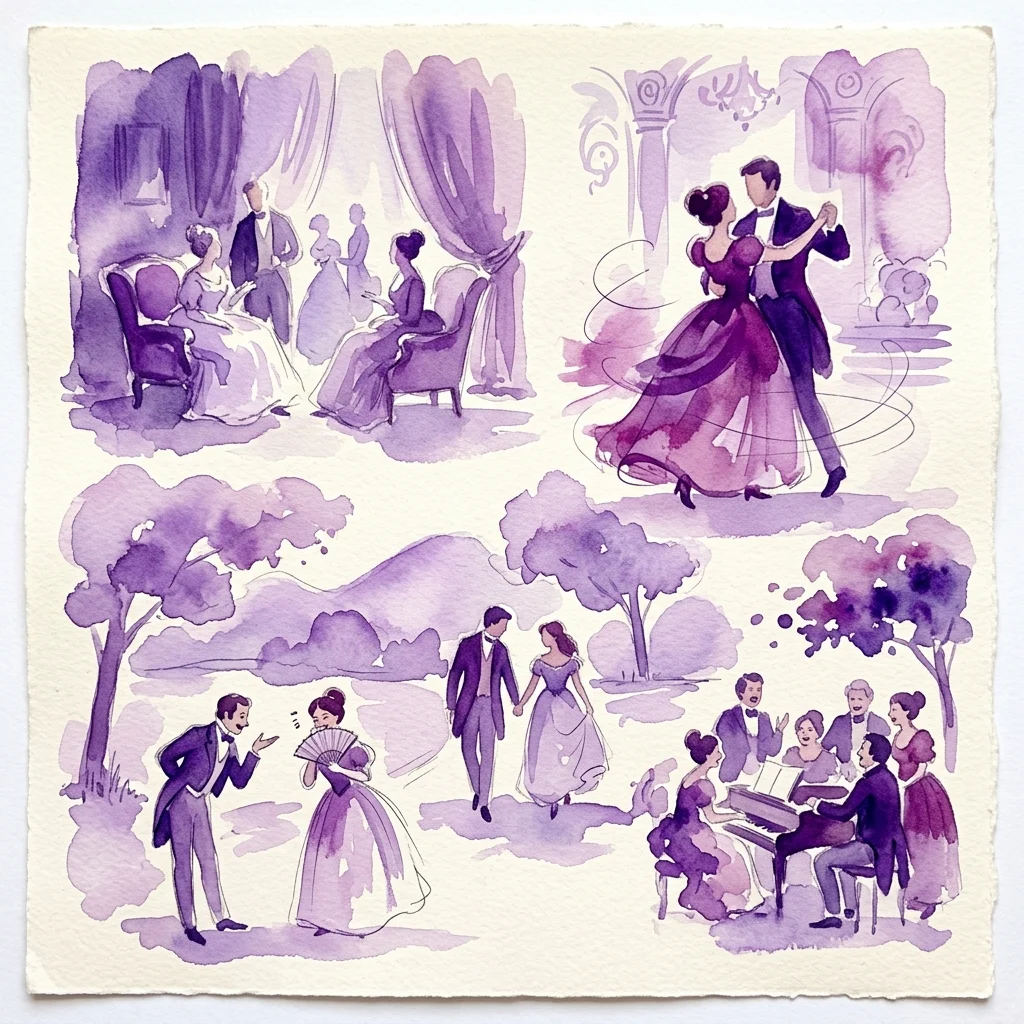 Waterverfillustraties van Adolfo Lozano Sidro die romantische hofscènes in elegante salons en landelijke omgevingen afbeelden, met sociale interacties en tedere momenten in paarse tinten.