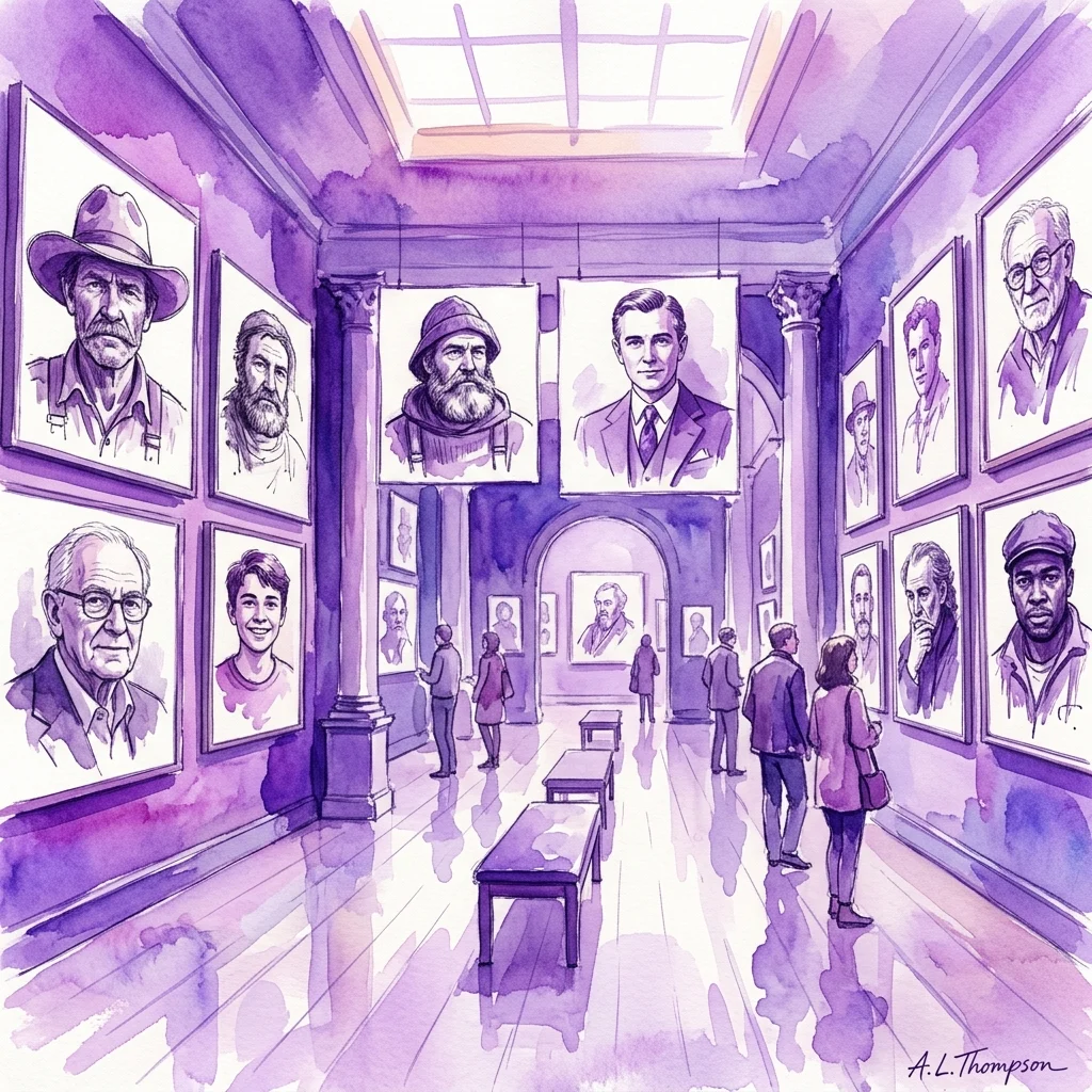 Een aquarelillustratie van een museumgalerij met bezoekers die een collectie portretten van diverse mannen bekijken, waaronder boeren, heren en oudere mannen, tentoongesteld aan de muren.