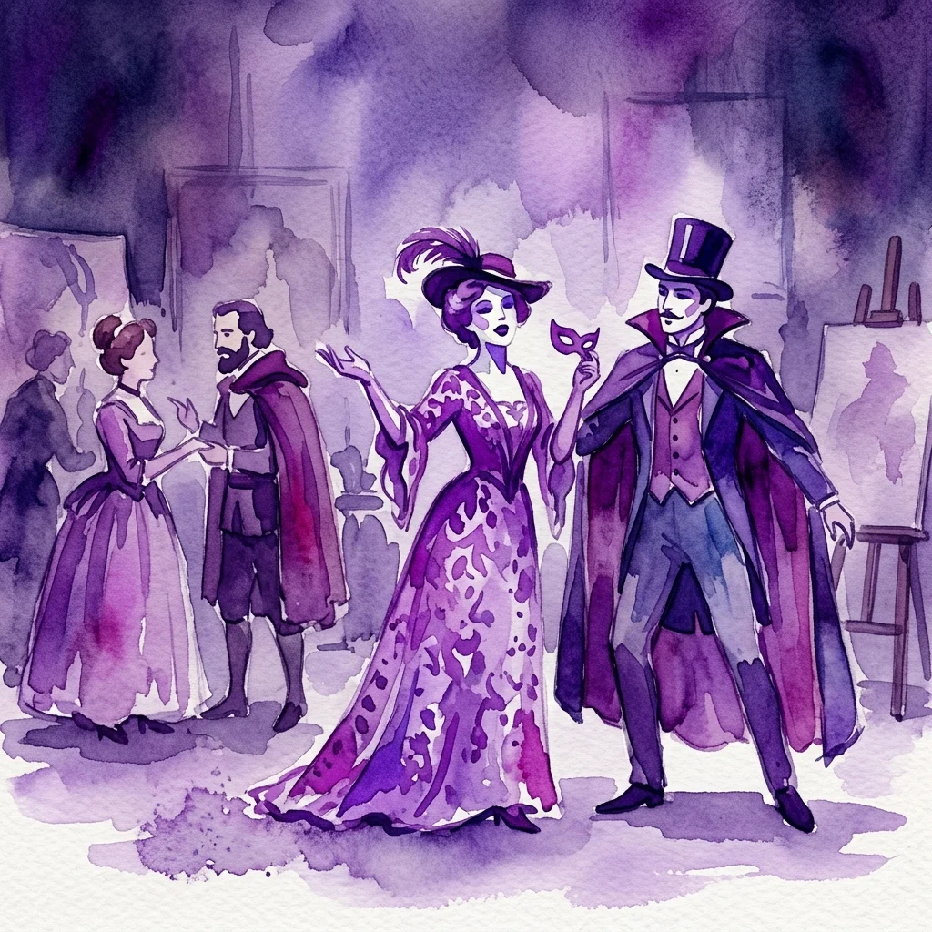 Ilustración en acuarela de personajes con trajes de época, incluyendo una mujer con un vestido morado y un hombre con sombrero de copa y capa, representando escenas de novelas y dramas de Adolfo Lozano Sidro.