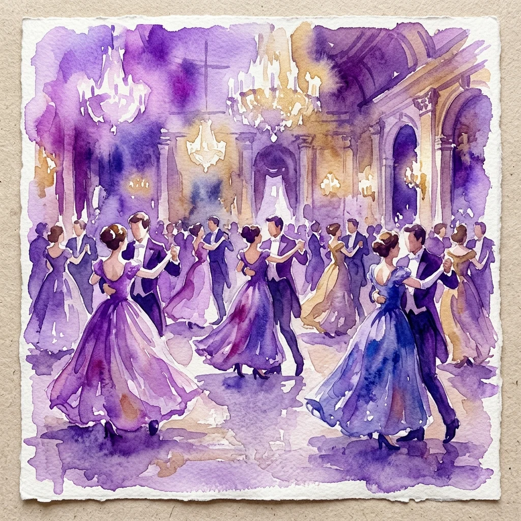 Een aquarel van een aristocratische balzaaldans, met elegant geklede koppels die onder kroonluchters in een sierlijke zaal walsen, wat historische elegantie en sociale bijeenkomsten oproept.