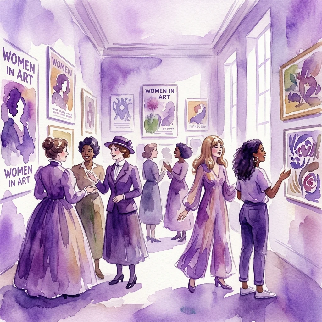 Ilustracja akwarelowa przedstawiająca różnorodne artystki w galerii muzealnej, celebrująca wystawę „EN SEVILLA – DIBUJANTAS” prezentującą pionierskie ilustratorki z hiszpańskich publikacji.