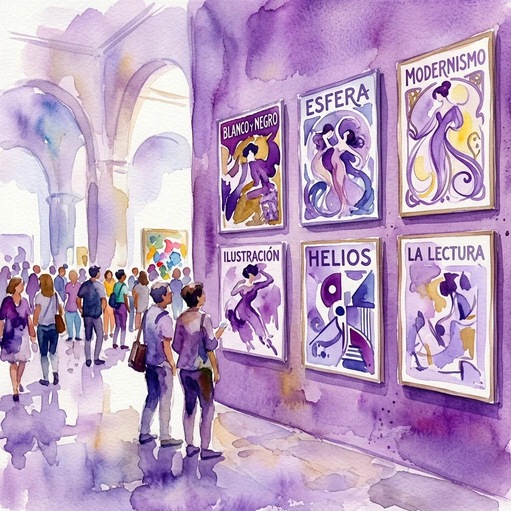 Ilustracja akwarelowa galerii muzealnej z odwiedzającymi oglądającymi oprawione okładki czasopism z wczesnych lat XX w. Hiszpanii, w tym tytuły takie jak 'Blanco y Negro', 'Esfera' i 'Modernismo', prezentujące style Art Nouveau i avant-garde.