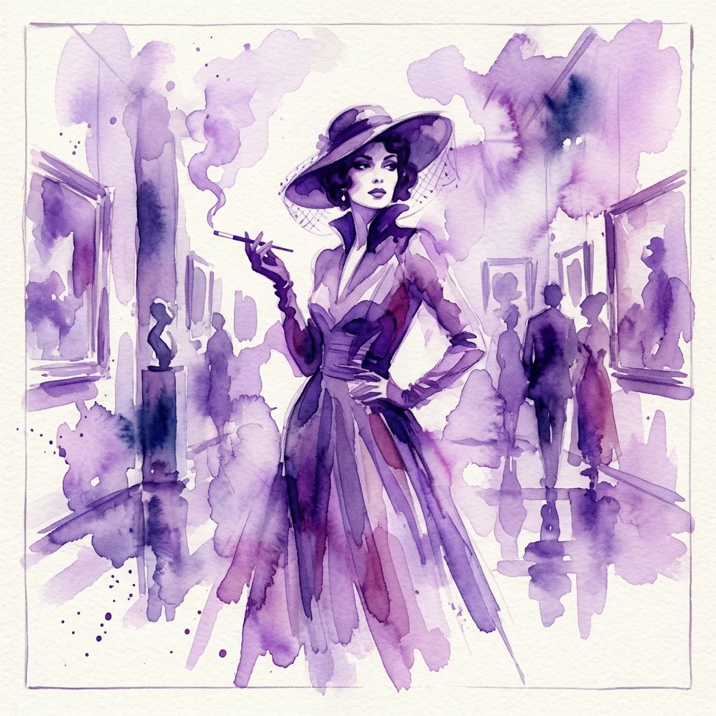 Een aquarelillustratie van een femme fatale in een paarse jurk en hoed, met een sigaret in een kunstgalerie, die de moderne vrouw van het begin van de 20e eeuw oproept.