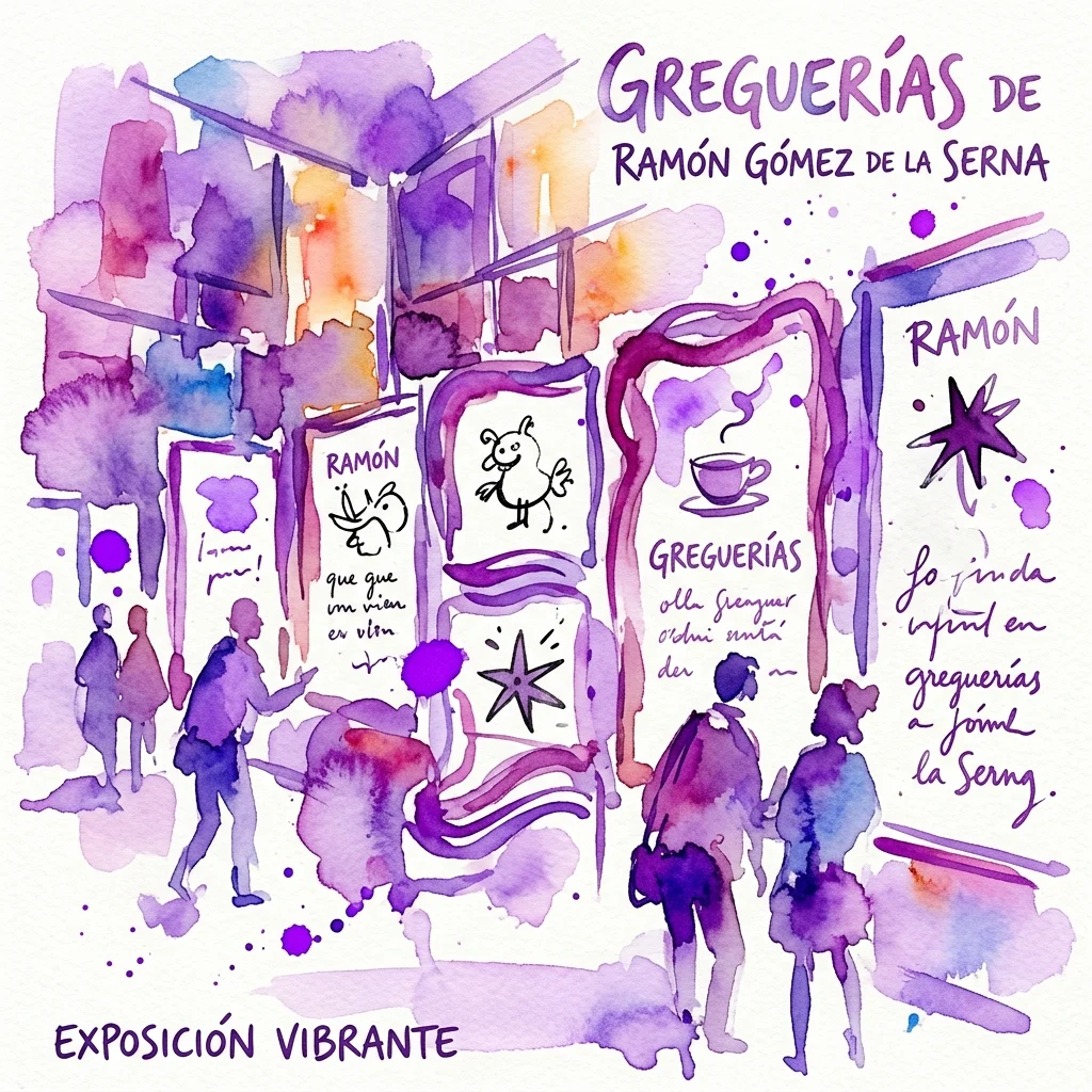 Ilustracja akwarelowa wystawy 
«Greguerías de Ramón Gómez de la Serna»,
 przedstawiająca fantazyjne rysunki,
 odręczne napisy i sylwetki zwiedzających
 w tętniącym życiem wnętrzu galerii.