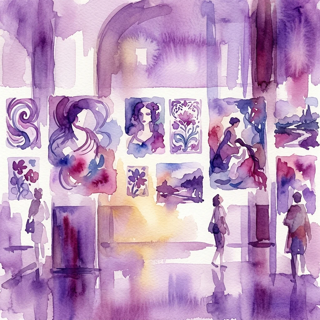 A watercolor illustration of an art gallery with visitors viewing framed artworks on display, featuring female figures and floral motifs in a purple and blue palette.
