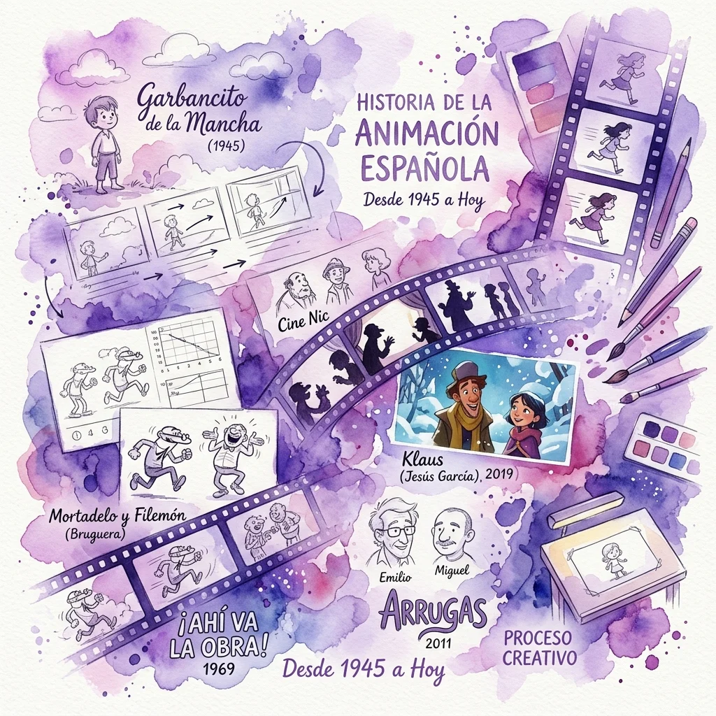 Een levendige aquarelillustratie die de geschiedenis van de Spaanse animatie van 1945 tot heden laat zien, met iconische personages als Garbancito, Mortadelo y Filemón en Klaus, samen met animatietools en filmstrips.