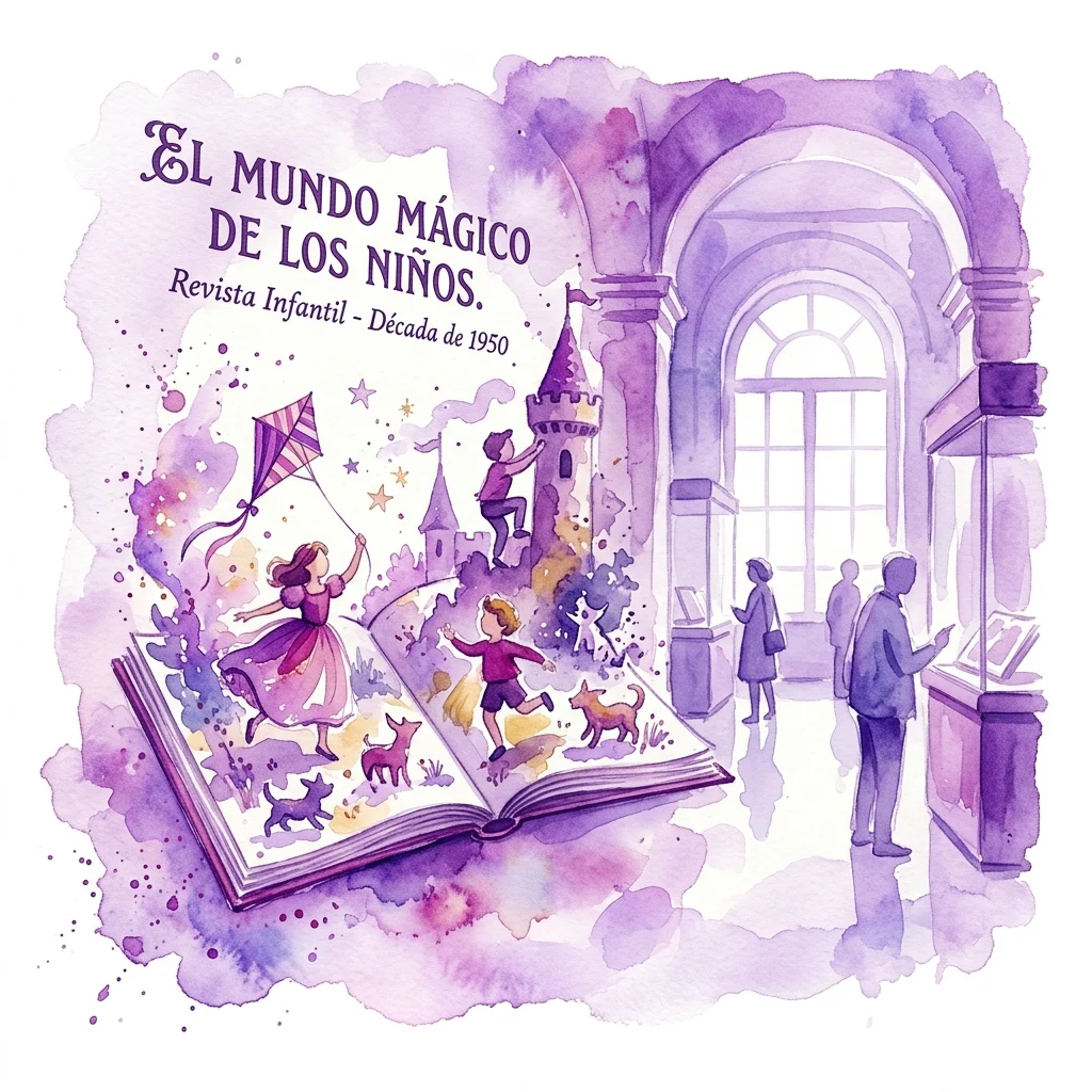 Una ilustración en acuarela de una sala de museo con visitantes observando una exposición sobre 'El Mundo Mágico de los Niños', una revista infantil española de los años 50, con un libro abierto del que emergen personajes.
