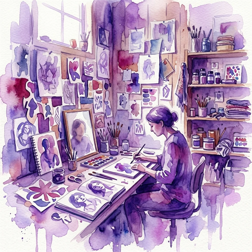 Een aquarelillustratie van een kunstenaar die werkt in een studio vol tekeningen, uitgesneden werken en kunstbenodigdheden, die een persoonlijk en creatief proces weerspiegelt.