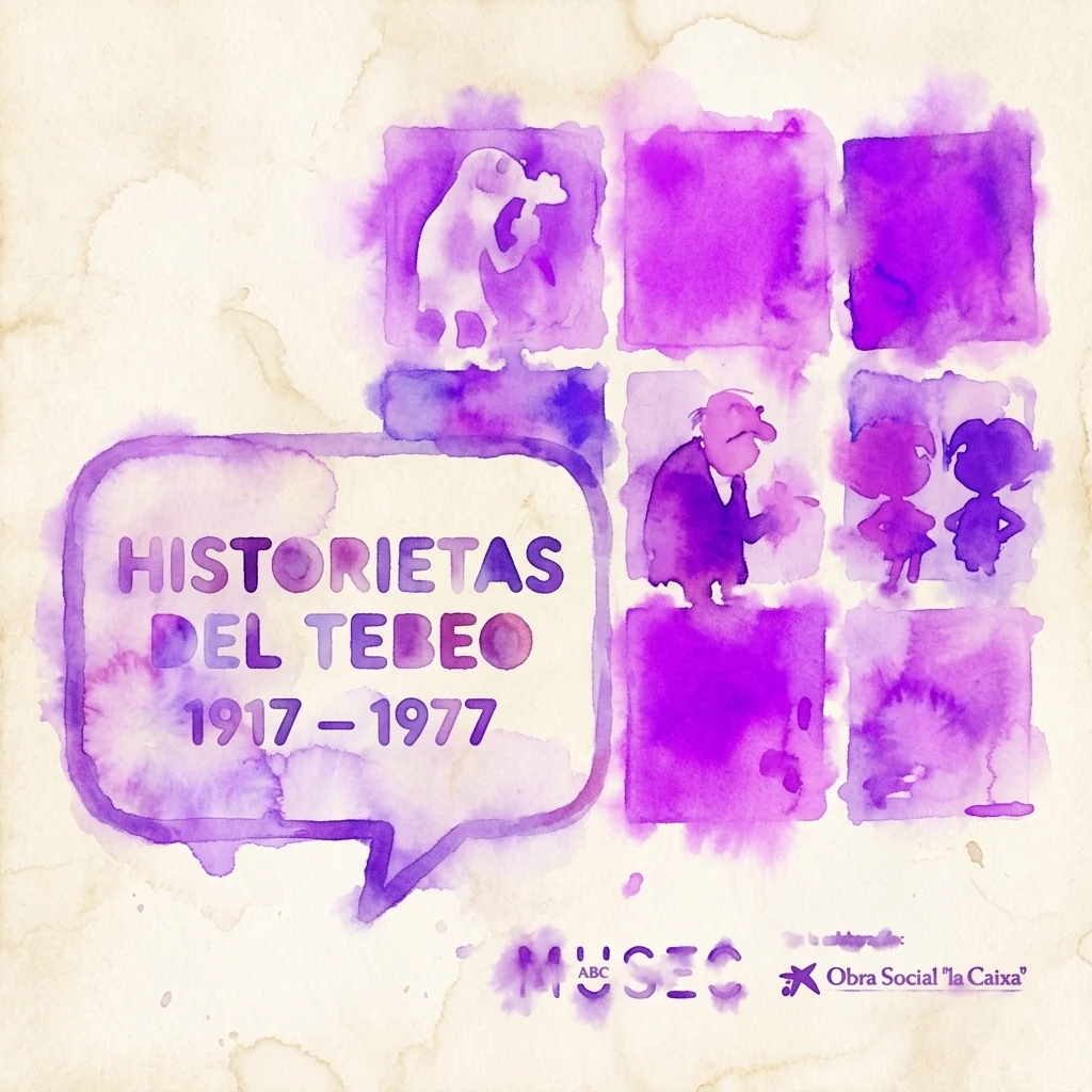 Fioletowa akwarelowa kolaż przedstawiający panele komiksowe i tekst „HISTORIETAS DEL TEbeo 1917-1977” w dymku, reprezentujący wystawę poświęconą hiszpańskim komiksom.