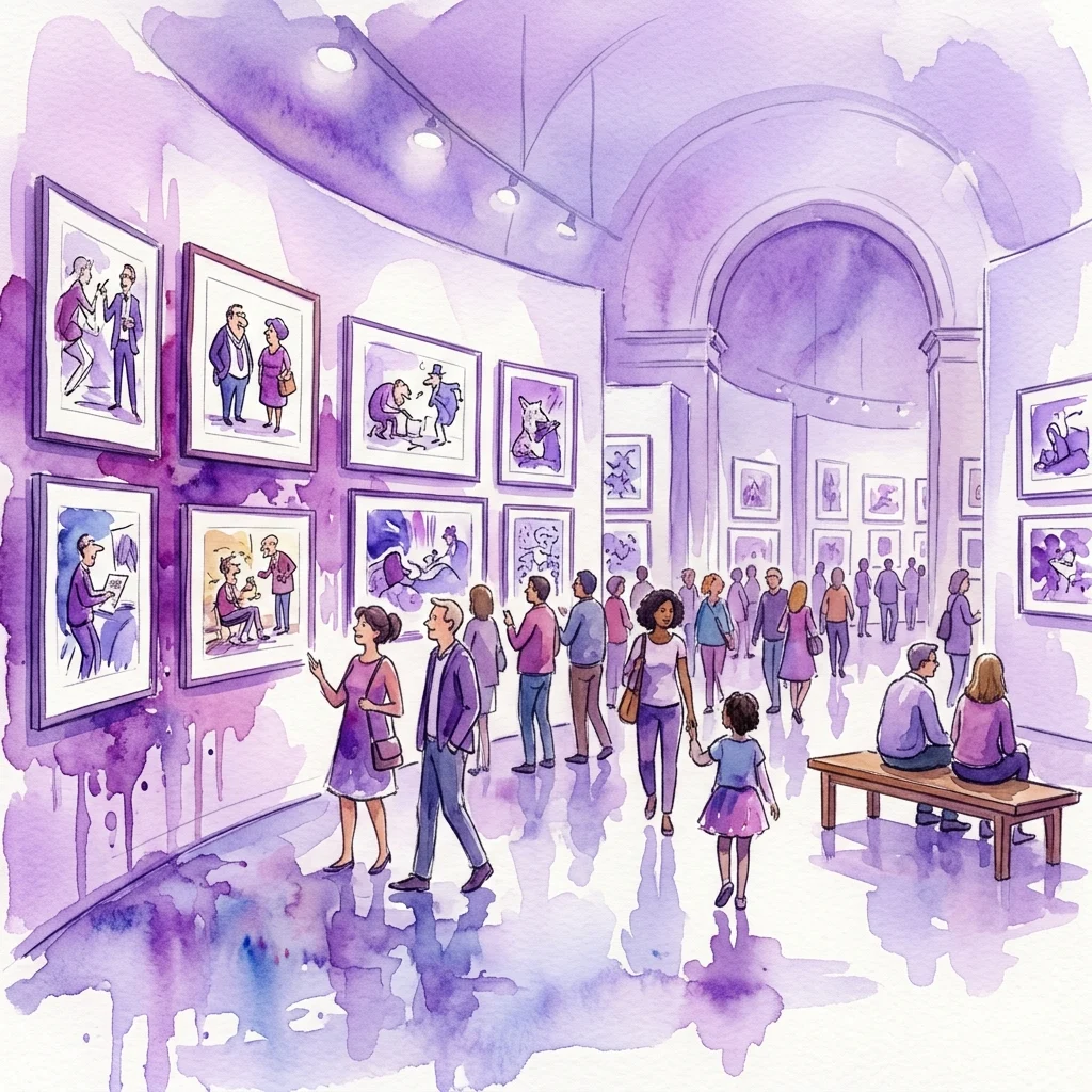 Ilustracja akwarelowa galerii muzealnej z oprawionymi ilustracjami prasowymi na ścianach, z odwiedzającymi oglądającymi dzieła sztuki w przestrzeni o fioletowej tonacji.