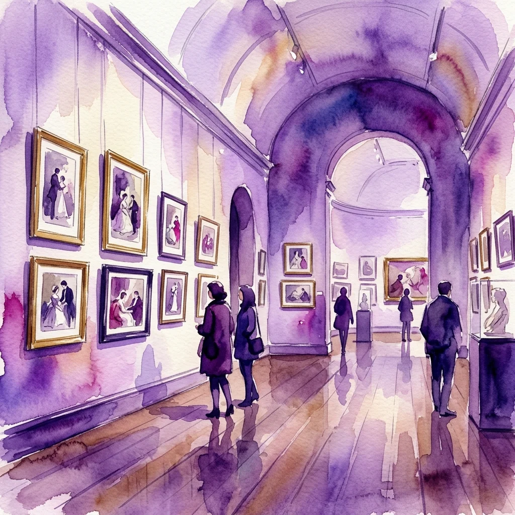 Ilustración en acuarela de una sala de museo con visitantes observando ilustraciones enmarcadas en las paredes, parte de la exposición 'Ilusiones' de Adolfo Lozano Sidro.