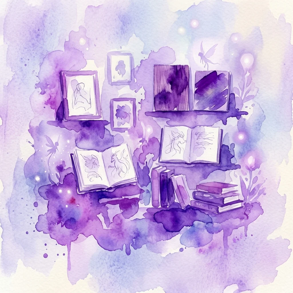 Een grillige aquarelillustratie van een galerijopstelling met ingelijste tekeningen, open schetsboeken met fantastische wezens en boeken, allemaal tegen een dromerige paarse en blauwe achtergrond met zwevende feeën.