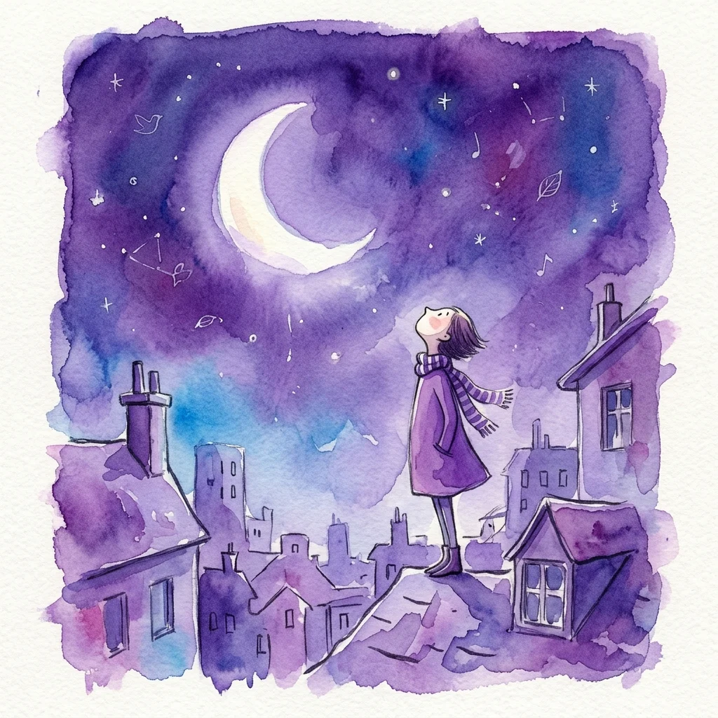 Ilustracja akwarelowa przedstawiająca dziewczynę w fioletowym płaszczu i szaliku stojącą na dachu i wpatrującą się w sierp księżyca i gwiaździste nocne niebo wypełnione nutami, ptakami i liśćmi, wywołująca oniryczny, introspektywny nastrój.