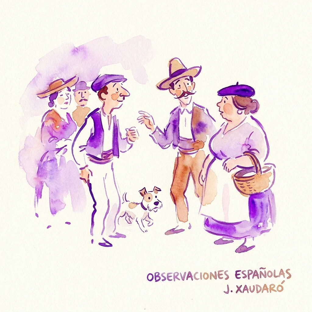 Ilustracja akwarelowa autorstwa Joaquína Xaudaró przedstawiająca grupę ludzi w strojach z początku XX wieku, w tym mężczyznę z wąsami i kapeluszem, kobietę z koszykiem i małego psa, pod tytułem 'Observaciones Españolas'.