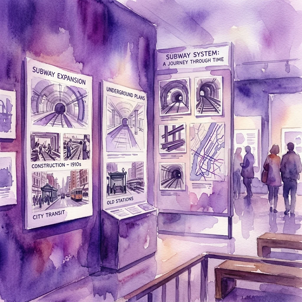 Ilustracja akwarelowa wystawy poświęconej historii systemu metra, zawierająca panele na temat rozbudowy metra, podziemnych planów, starych stacji i transportu miejskiego z lat 10. XX wieku.