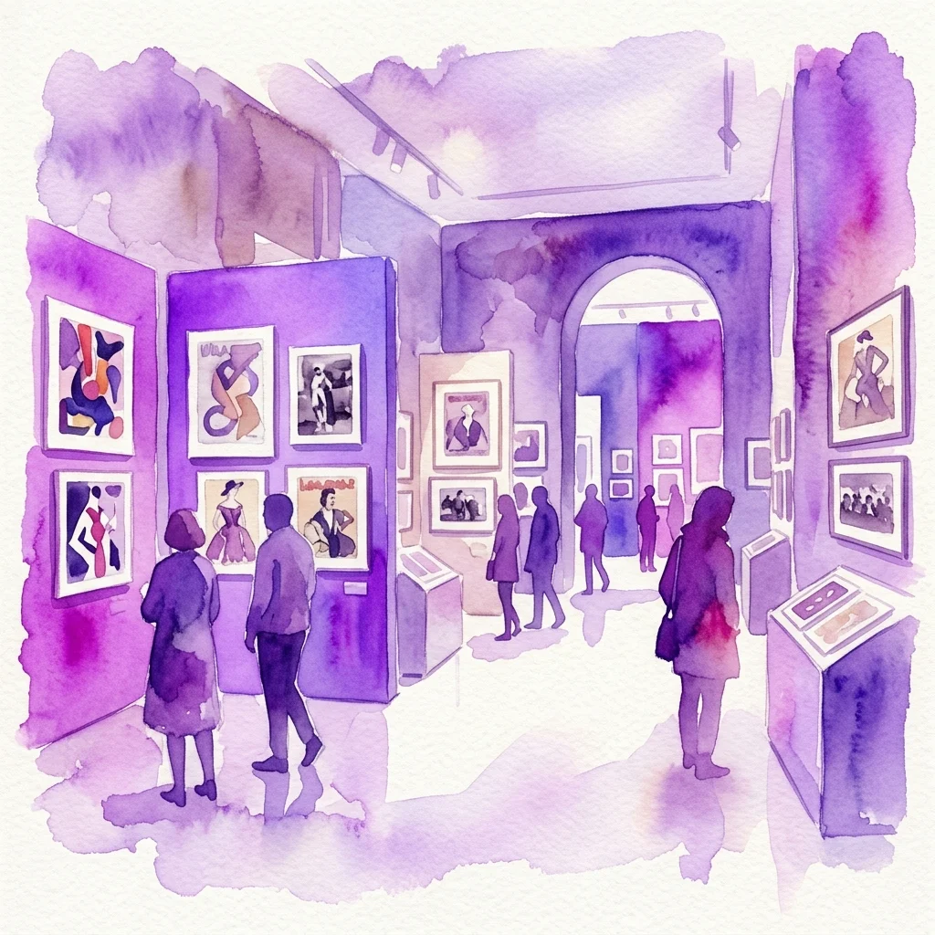 Watercolor illustration of a museum gallery with visitors viewing framed artworks on purple walls, part of the exhibition 'La Jaula de los Monos: 6 miradas a la Colección ABC'.