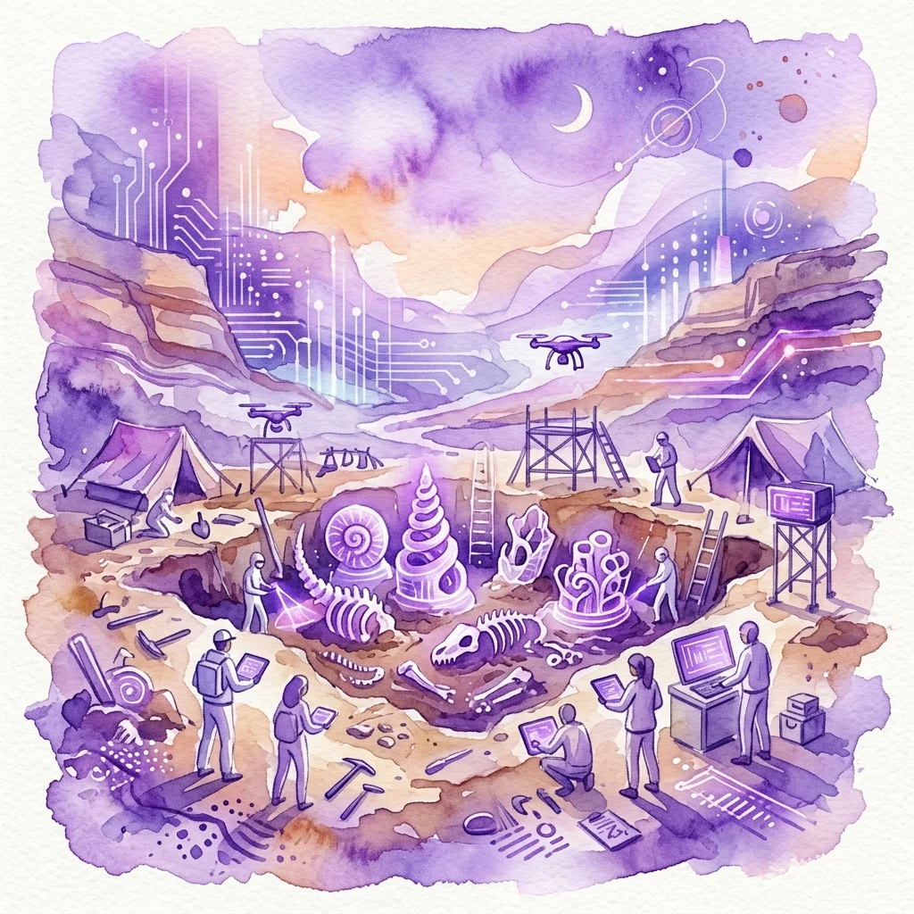 Ilustracja akwarelowa futurystycznego stanowiska archeologicznego z cyfrowymi wzorami obwodów, drukowanymi w 3D strukturami przypominającymi skamieniałości, dronami i badaczami eksplorującymi spekulatywny świat science-fiction.