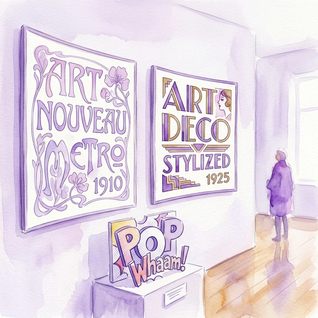 Watercolor illustration of an exhibition gallery featuring three framed artworks showcasing Art Nouveau, Art Deco, and Pop Art lettering styles with the text 'ART NOUVEAU METRO 1910', 'ART DECO STYLIZED 1925', and 'POP Whaam!'