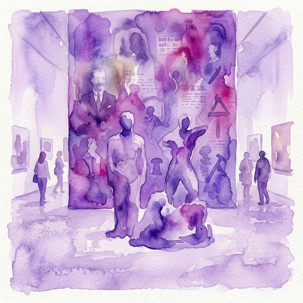 Watercolor illustration of a museum gallery featuring Manuel Antonio Domínguez's exhibition 'La relación estable,' with abstract purple figures and visitors observing the artwork.