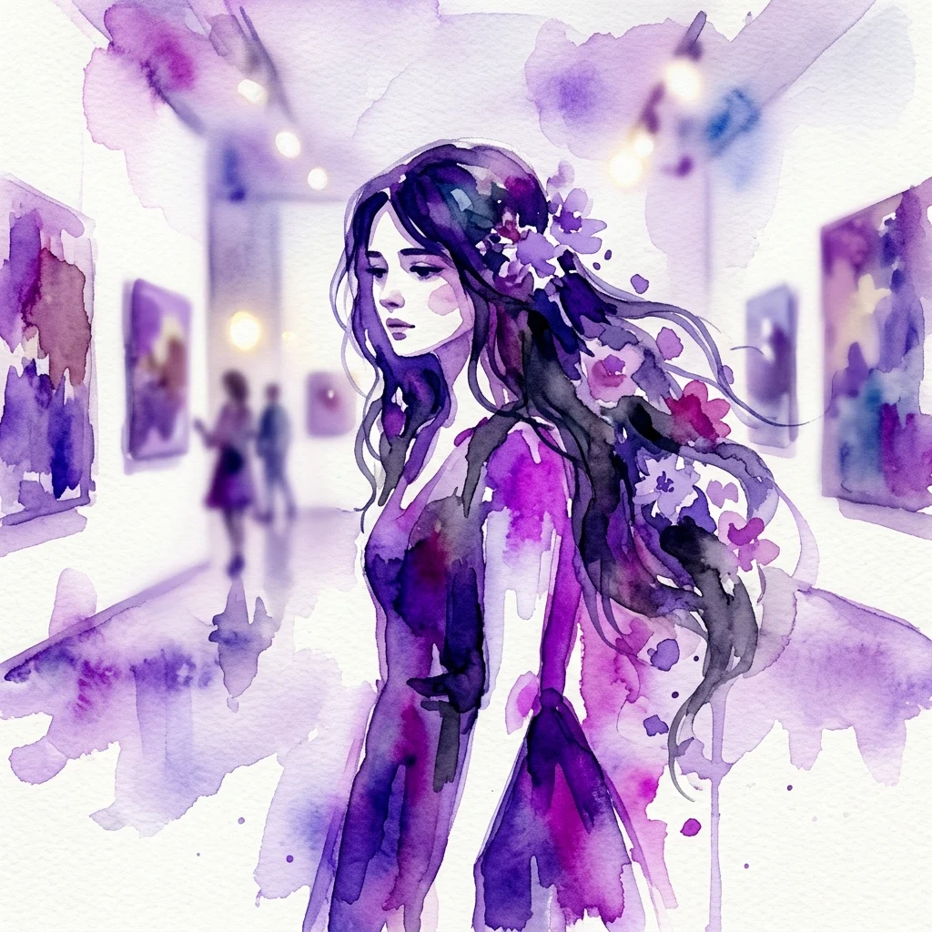 Ilustracja akwarelowa kobiety z ciemnymi włosami ozdobionymi kwiatami, przedstawiona w scenerii galerii w odcieniach fioletu i różu, ukazująca styl artystyczny Maríi Hesse.